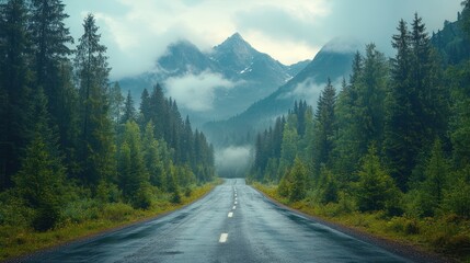 Naklejka premium A winding mountain road through a forest, with misty peaks visible in the background