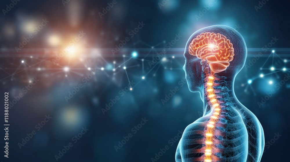 Poster human brain and spine with neural connections depicted in futuristic style, representing neuroscienc