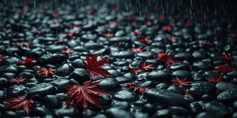 Fototapeta premium Red Maple Leaves Scattered on a Bed of Wet Black Stones in the Rain