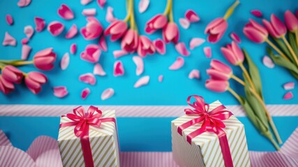 Obraz premium Two gift boxes tied with pink bows sit on a blue background surrounded by pink tulips and petals.