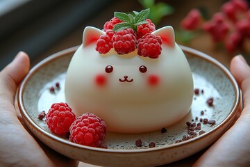 Raspberry jelly mousse or panna cotta made with pureed raspberries, sugar, cream, gelatine or agar agar. Jelly cat.
