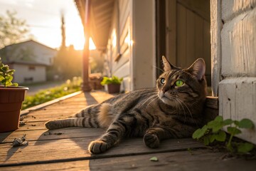 Golden Hour Cat on Porch Peaceful Sunset Domestic Pet