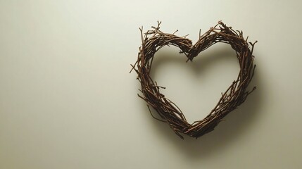 Fototapeta premium A heart-shaped wreath made of small, intertwined twigs on a plain, light wall