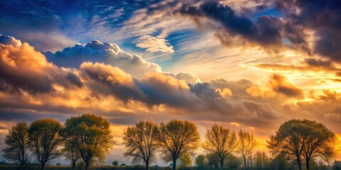 Soft Light on Cloudy Sky with Trees , photography, light sky,  photography, light sky