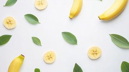 Bananas and leaves flat lay. Tropical fruit pattern.