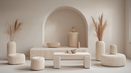 Minimalist beige room interior with textured furniture and pampas grass.
