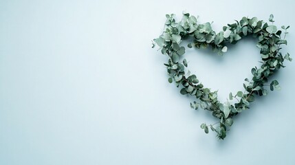 A minimalist wreath in the shape of a heart, made of eucalyptus branches on a plain wall