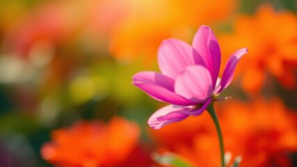 Fototapeta premium A single pink flower with soft petals stands out against a vibrant background of blurred orange and yellow blooms.