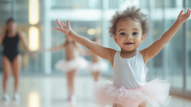 Happy toddler girl enjoying her first ballet lesson in a professional dance studio, wearing a tutu and surrounded by a cheerful and supportive environment. Image made using Generative AI.
