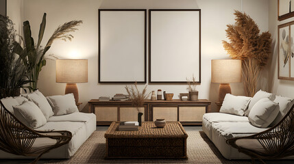 Bright Living Room with Natural Accents and Rattan Furniture with copy space, 3d rendering
