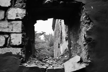 Fototapeta premium Broken wall reveals overgrown ruin; decay, nature reclaiming