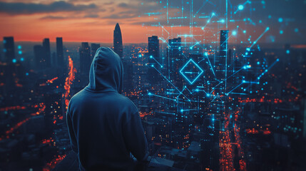 Fototapeta premium Hacker are planning to hack and attack networks and cyber security systems. Smart digital city with connection cyber security network reciprocity over the cityscape .