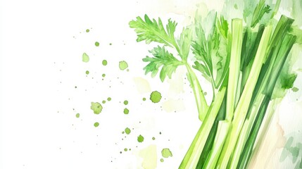 Watercolor of Glass of celery juice and fresh vegetables,healthy detox vitamin diet or Green vegetable juice,vegan food concept,menu breakfast drink,space for text.