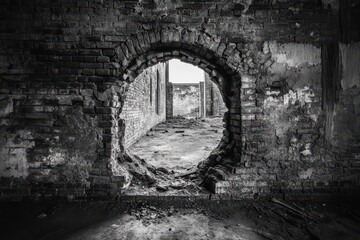 Fototapeta premium Ruined brick archway reveals decaying building interior