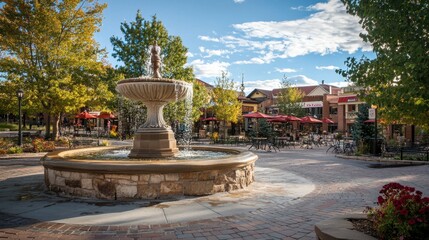 A classic town square with a historic fountain, cobblestone pavement, and cheerful outdoor seating.