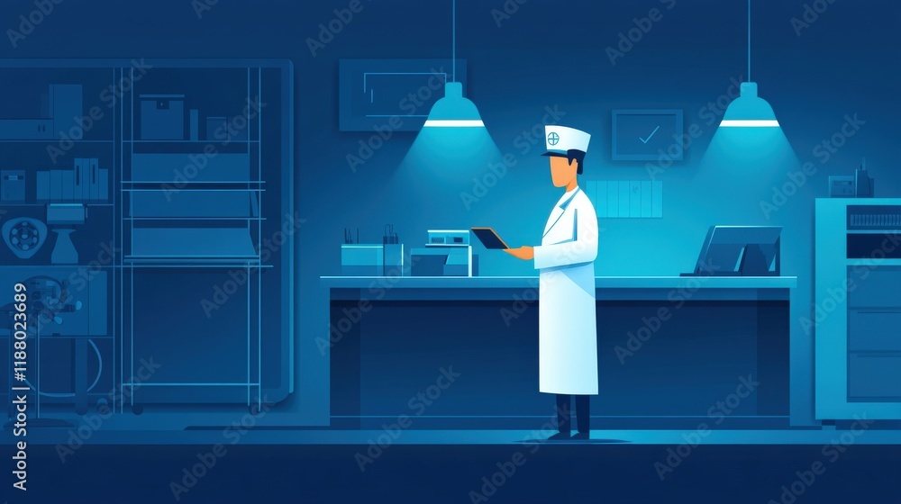 Poster healthcare professional in a modern laboratory setting conducting research with tablet device in a s