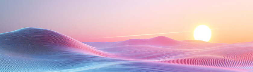 A serene landscape showcasing soft waves of color as the sun rises over an ethereal horizon, creating a dreamlike atmosphere.