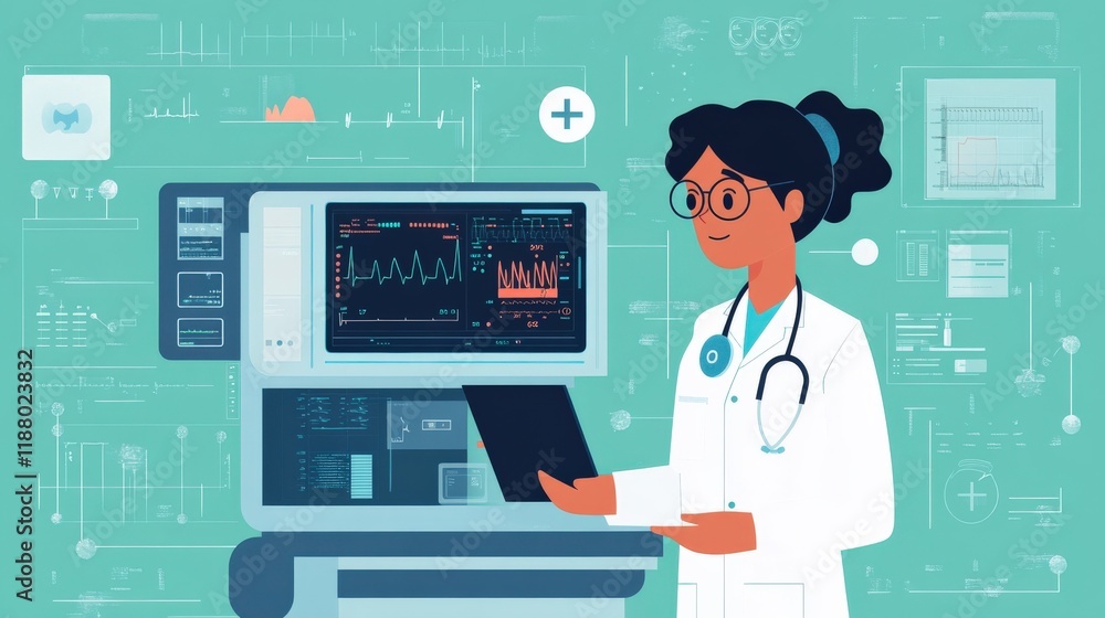 Aufkleber female doctor using digital tablet with medical analytics on display in a modern healthcare environm