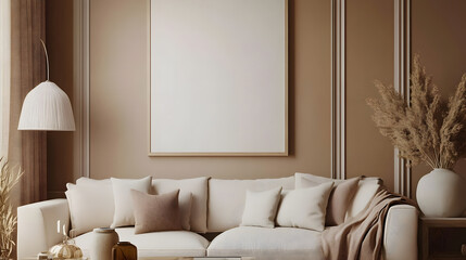 Minimalist Living Room with Neutral Decor and Warm Lighting with copy space, 3d rendering