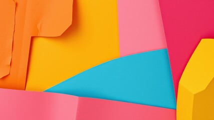 Obraz premium Abstract Geometric Composition Featuring Vibrant Orange, Yellow, Pink, and Blue Paper Overlays