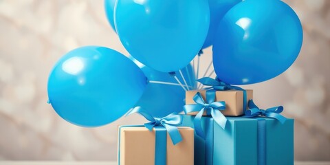 A stack of wrapped gifts topped with a cluster of blue balloons, celebrating a special occasion.