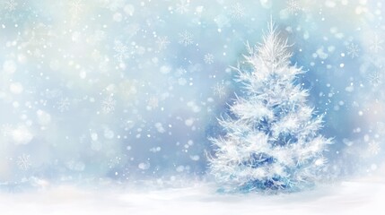 A clean Christmas card with a white Christmas tree and snowflakes, set against a dreamy blurred background, perfect for sending heartfelt holiday wishes.