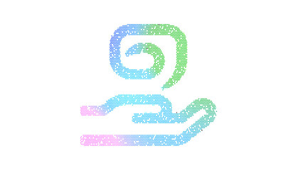 Icon hand holding magic is made up of LED square shapes. There are bright diodes and there are black dead diodes