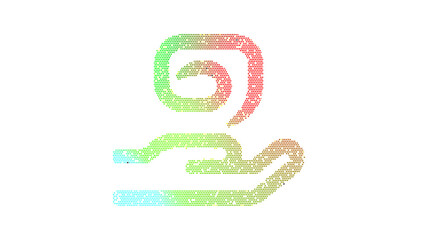 Icon hand holding magic is made up of LED square shapes. There are bright diodes and there are black dead diodes