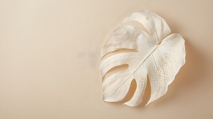 Obraz premium Delicate White Monstera Leaf on Beige Background