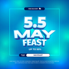 5.5 May Feast day Sale discount deals with vibrant blue gradient Editable text effect Grainy texture Background square banner