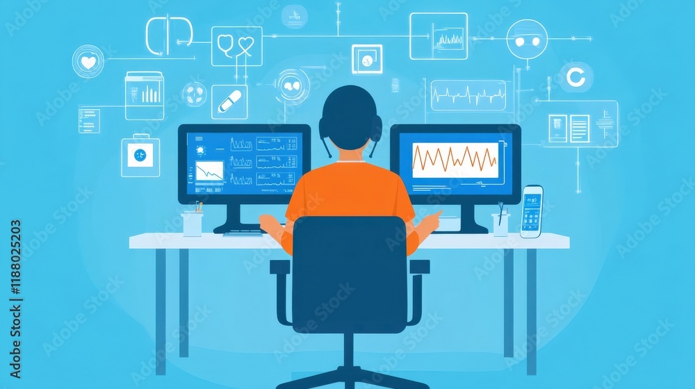 Poster professional health worker analyzing data on dual computer screens with infographics and medical sym