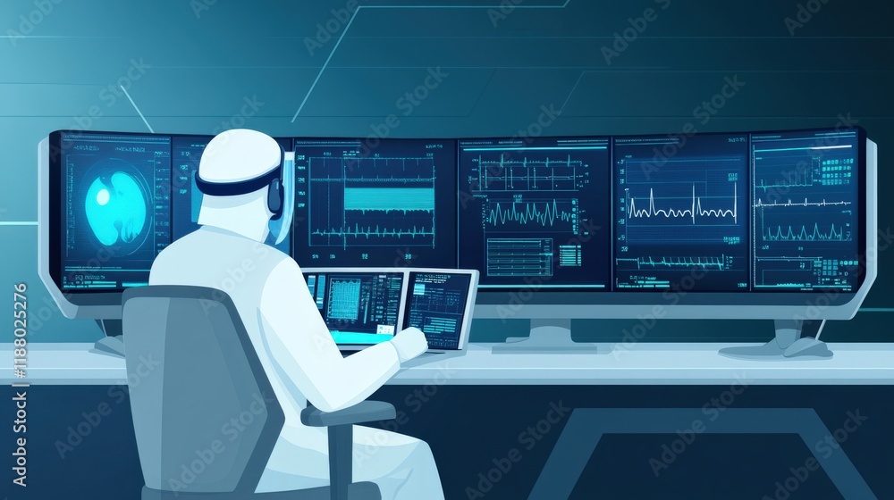 Poster a medical professional analyzing health data on multiple screens in a modern healthcare setting with