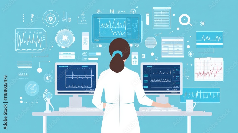 Poster medical professional analyzing data on dual monitors in a modern healthcare setting surrounded by gr