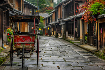 Fototapeta premium Exquisite Capture of a Traditional Jinrikisha on a Classic Japanese Street