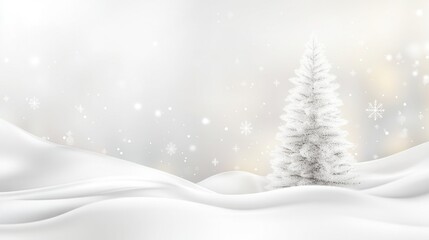 Fototapeta premium A clean, elegant Christmas card with a white Christmas tree and snowflakes, set against a soft blurred background, perfect for seasonal greetings.