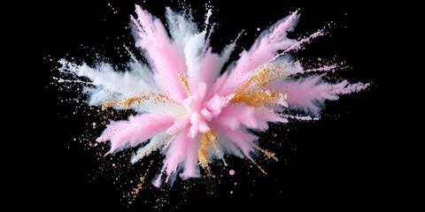 A vibrant explosion of pink, white, and gold powder in a dark void, creating a mesmerizing abstract art piece.