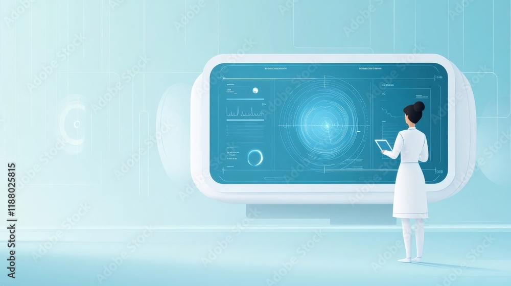 Aufkleber futuristic female scientist analyzing data on advanced transparent screen in high-tech laboratory se