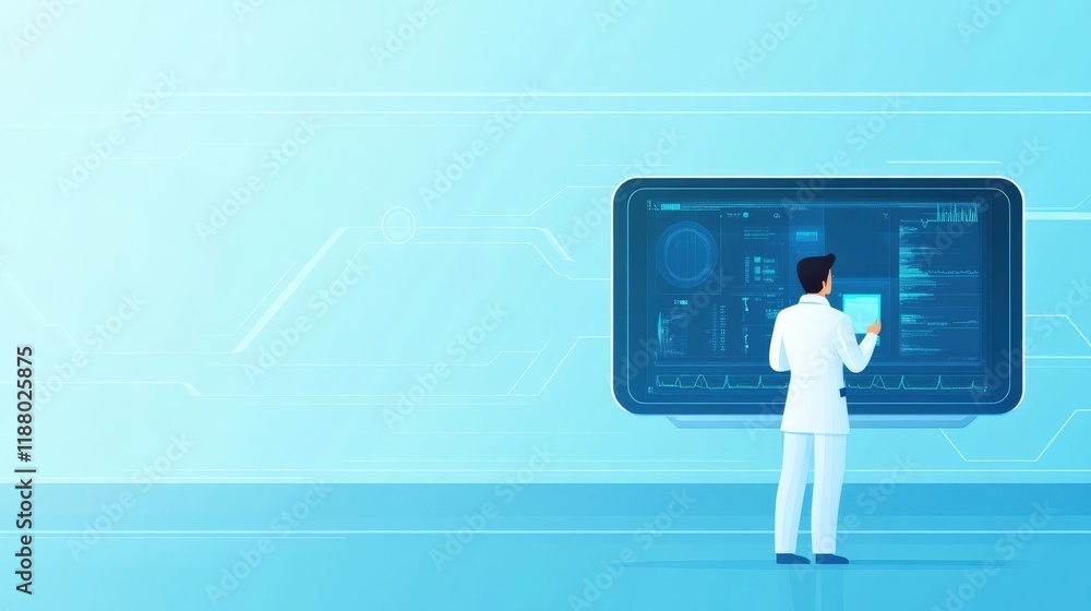 Poster medical professional analyzing data on a high-tech screen in a futuristic laboratory setting with bl
