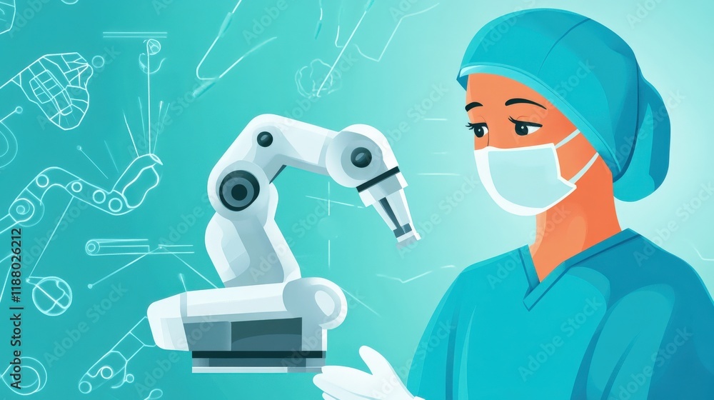 Poster a medical robot assisting a surgeon in a high-tech operating room demonstrating the future of surgic