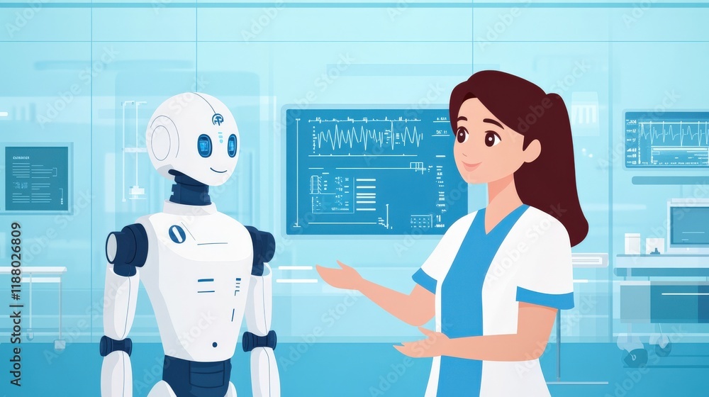 Poster friendly interaction between a healthcare worker and a humanoid robot in a modern hospital setting f