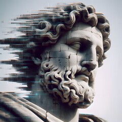 An ancient statue reimagined using deepfake technology, turning its rigid stone form into a lifelike, moving figure with subtle digital glitches