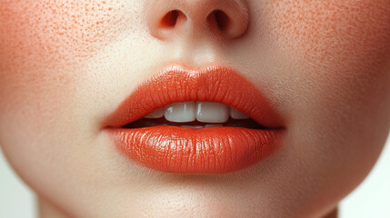 Obraz premium Close-up of a beautiful young woman's lips with a bright smile and freckles against a light background