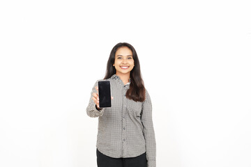 Smiling presenting and holding blank screen smartphone showing apps, web or ad Of Beautiful Asian Woman Isolated On White Background