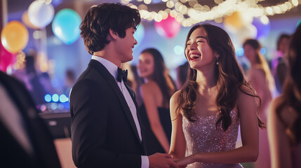 Young couple laughing and dancing at a prom or homecoming event, surrounded by lights, colorful decorations, and a festive atmosphere, celebrating a memorable night. Image made using Generative AI.