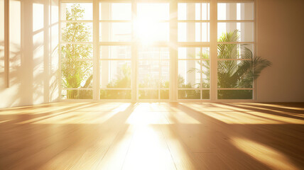 Serene Yoga Studio Interior. Natural light, wooden floors & minimal decor. Peaceful & calming fitness space.  Simple & tranquil wellness studio.

