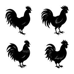 Set of Rooster chicken black silhouette 