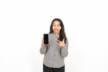 Smiling presenting and holding blank screen smartphone showing apps, web or ad Of Beautiful Asian Woman Isolated On White Background