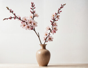 Peach blossoms are blooming on the table, white background