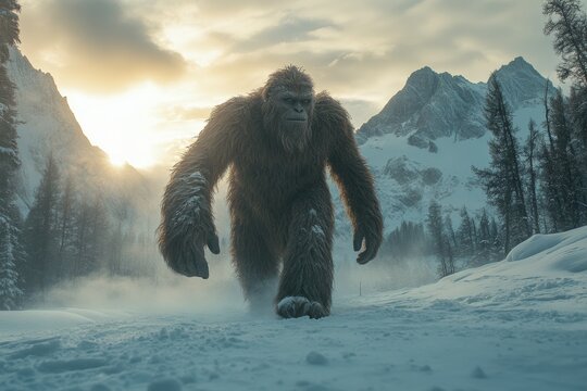Bigfoot in a Winter Wonderland: Majestic Creature Amidst Snowy Mountains - Powered by Adobe
