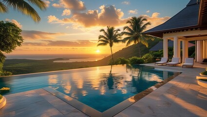 Obraz premium Elegant Poolside Escape: Tropical Landscape & Sunrise Bliss